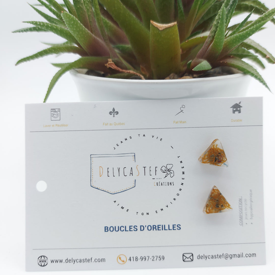 Boucles d'oreille - clou - triangle denim et bronze
