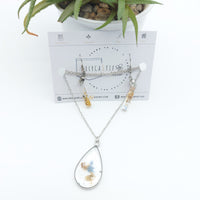 Parure - collier pendentif goutte et boucle d'oreilles rectangle denim et bronze - argent