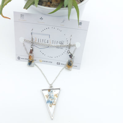 Parure - collier pendentif triangle et boucle d'oreilles trapèze denim et bronze - argent