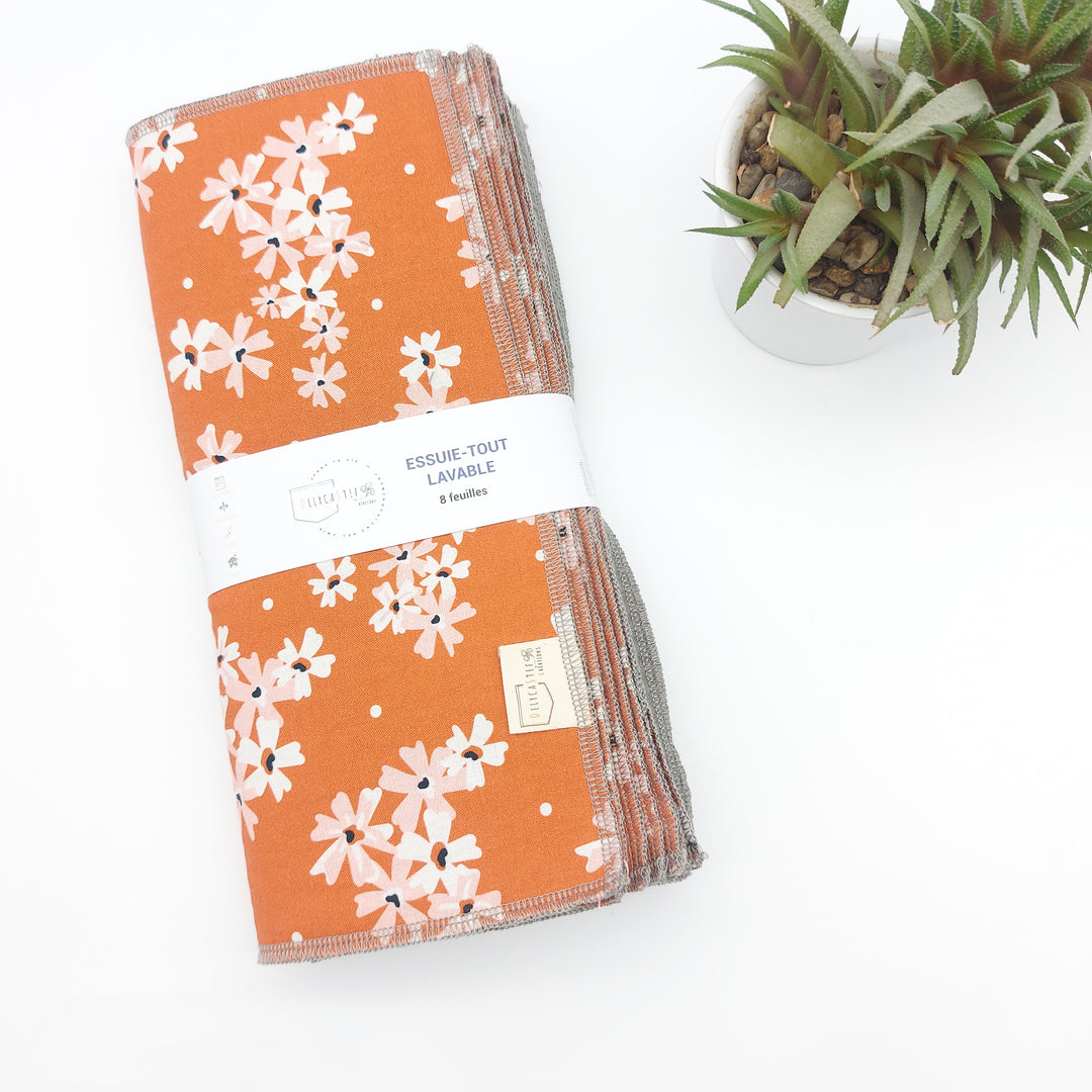 Essuie-tout lavable - rouge orangé avec fleurs (intérieur gris) - lot de 8 feuilles