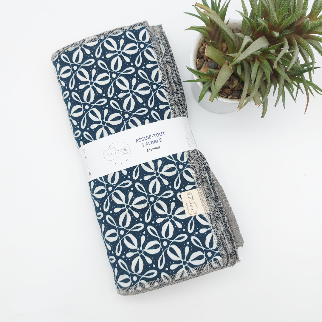 Essuie-tout lavable - bleu avec fleurs blanches (intérieur gris) - lot de 8 feuilles