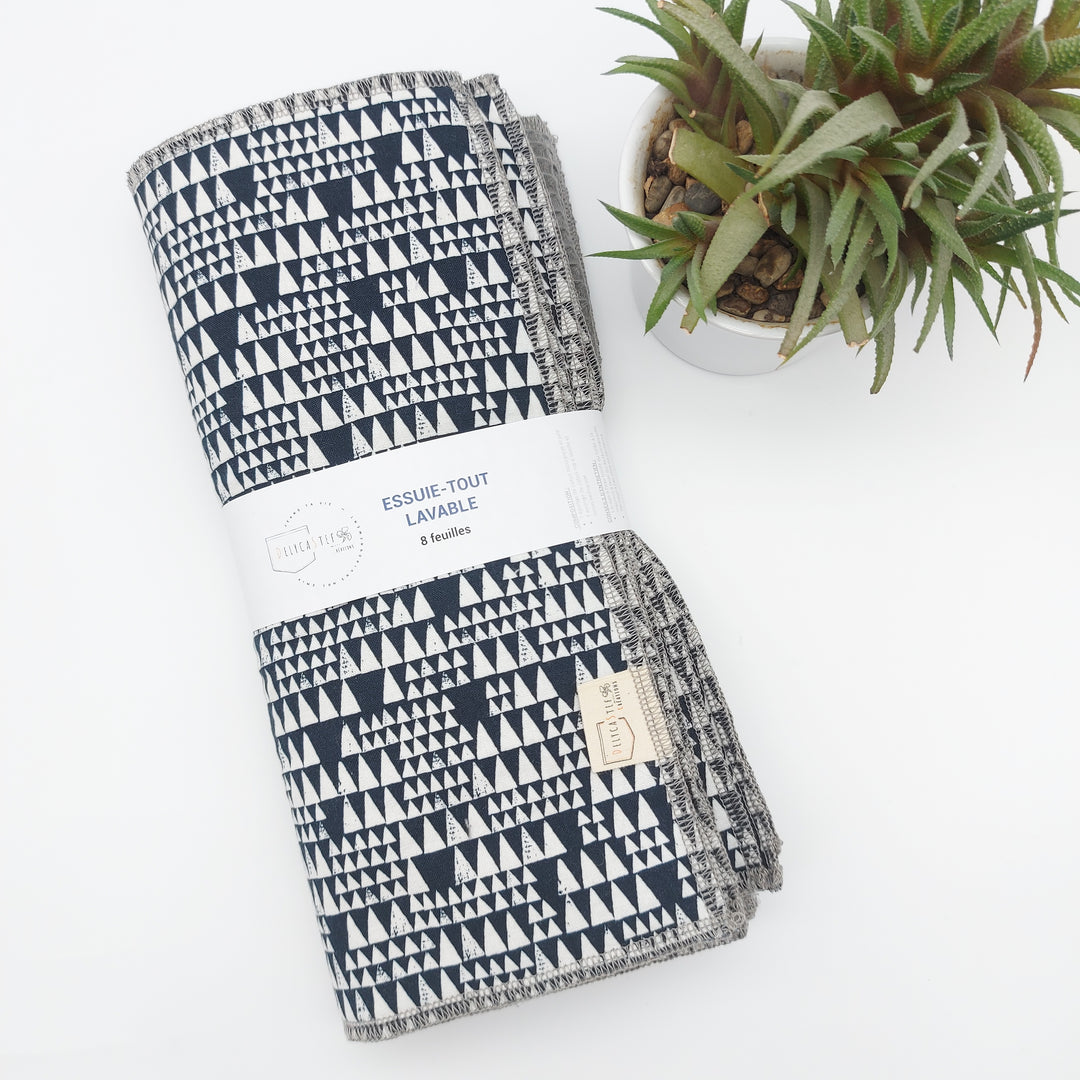 Essuie-tout lavable - bleu foncé et triangles blancs(intérieur gris) - lot de 8 feuilles
