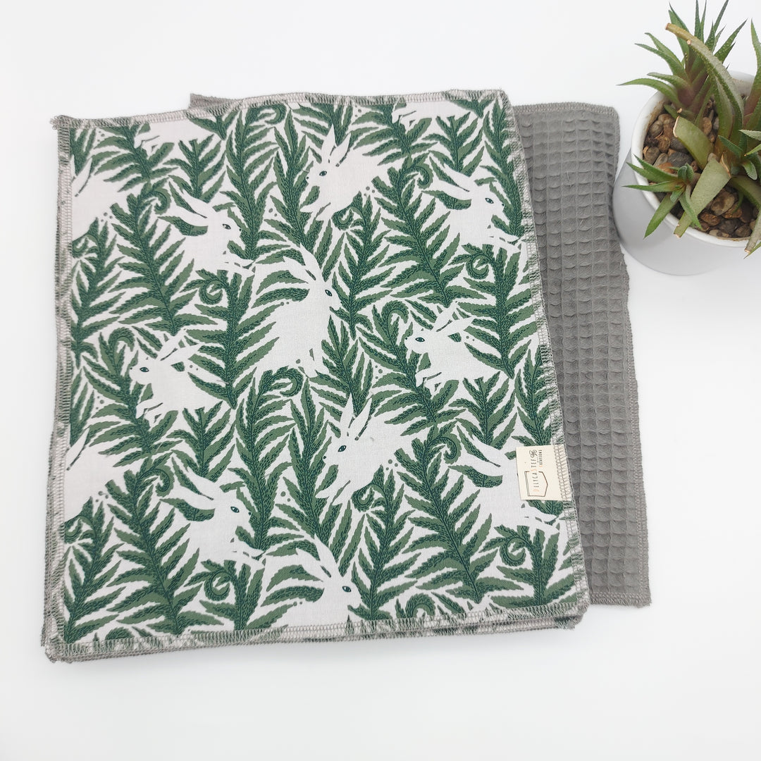Essuie-tout lavable - vert et lapins (intérieur gris) - lot de 8 feuilles