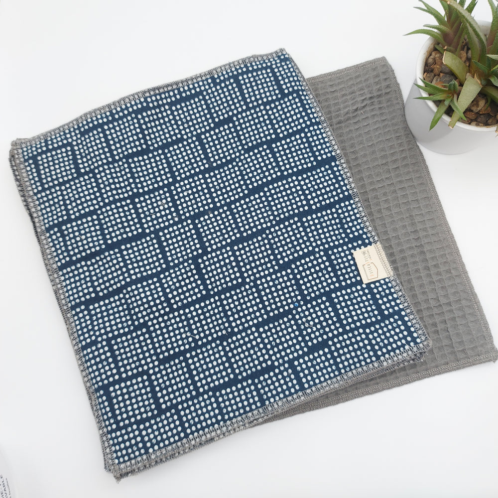 Essuie-tout lavable - bleu points blancs (intérieur gris) - lot de 8 feuilles