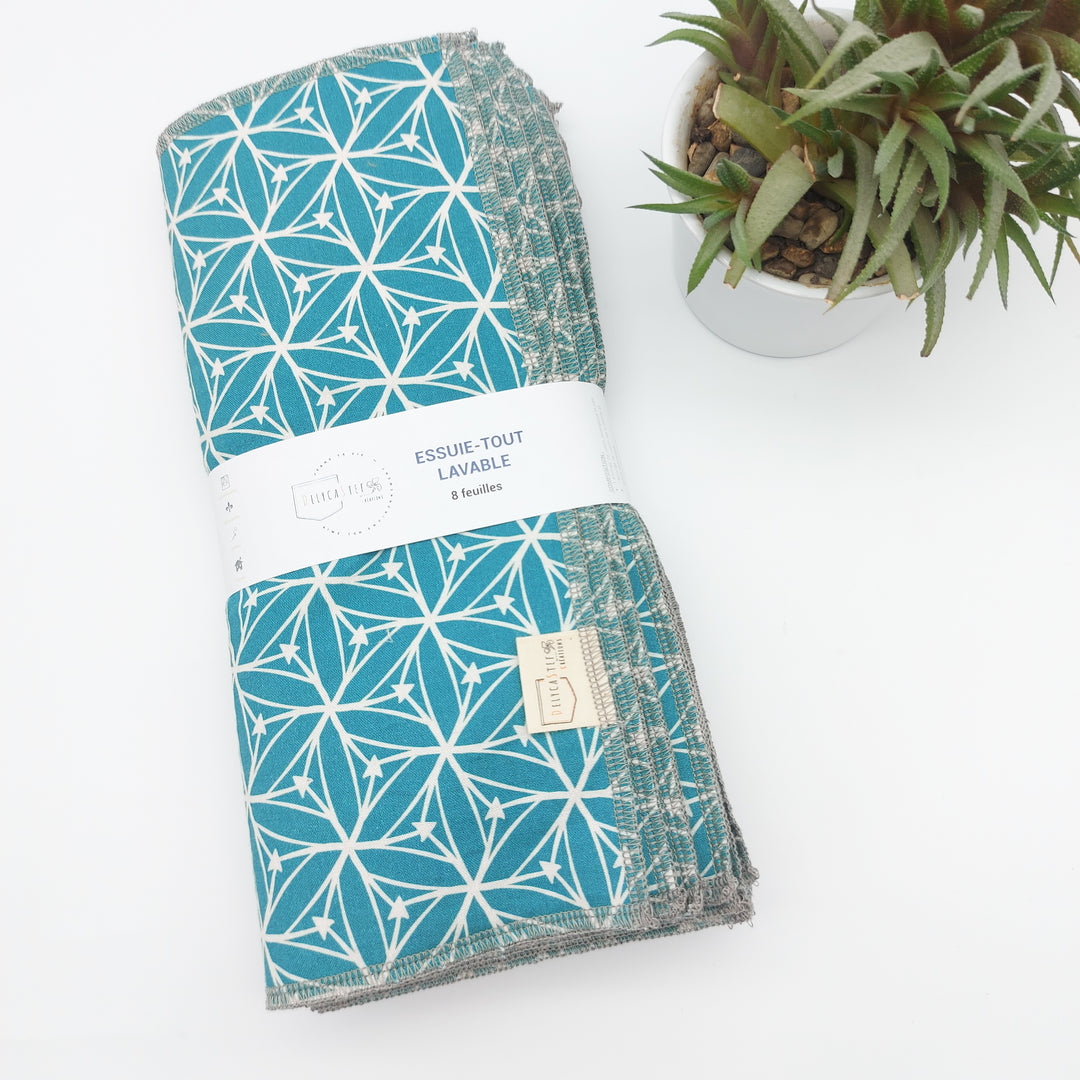 Essuie-tout lavable - turquoise flèches (intérieur gris) - lot de 8 feuilles