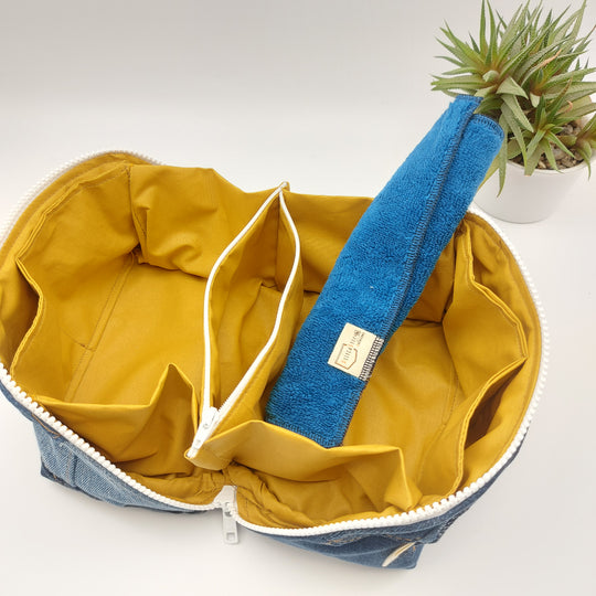 Trousse de toilette - grand carré - denim bleu - intérieur jaune