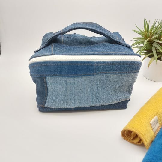 Trousse de toilette - grand carré - denim bleu - intérieur jaune