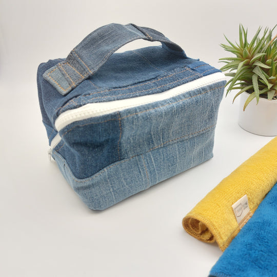 Trousse de toilette - grand carré - denim bleu - intérieur jaune