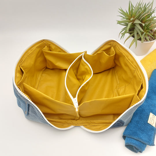 Trousse de toilette - grand carré - denim bleu - intérieur jaune