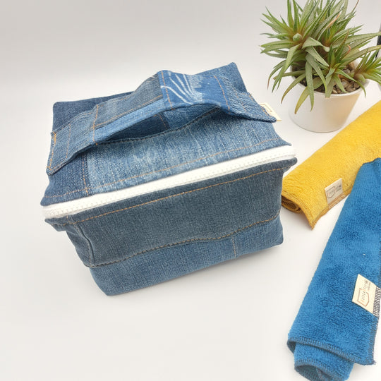 Trousse de toilette - grand carré - denim bleu - intérieur jaune