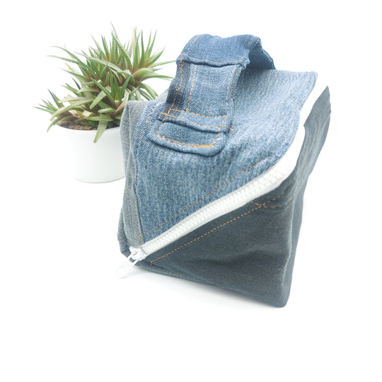 Trousse de toilette - grand carré - denim bleu et noir - intérieur bleu