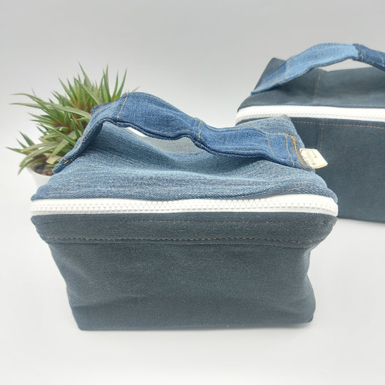 Trousse de toilette - grand carré - denim bleu et noir - intérieur bleu