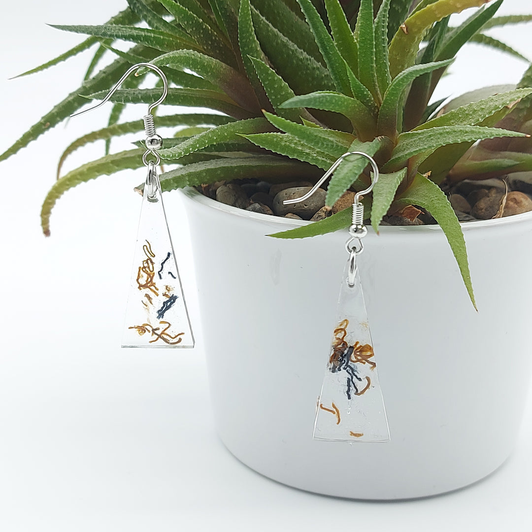 Boucles d'oreille - pendante - grand triangle denim foncé et bronze
