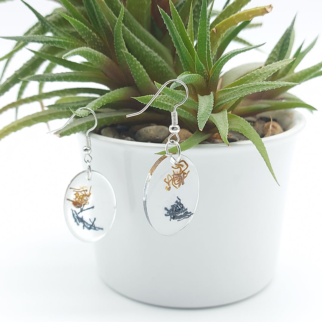 Boucles d'oreille - pendante - grande ovale denim foncé et bronze