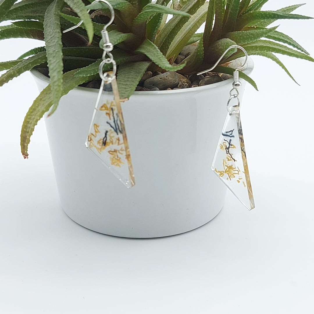 Boucles d'oreille - pendante - triangle graphique denim foncé et bronze