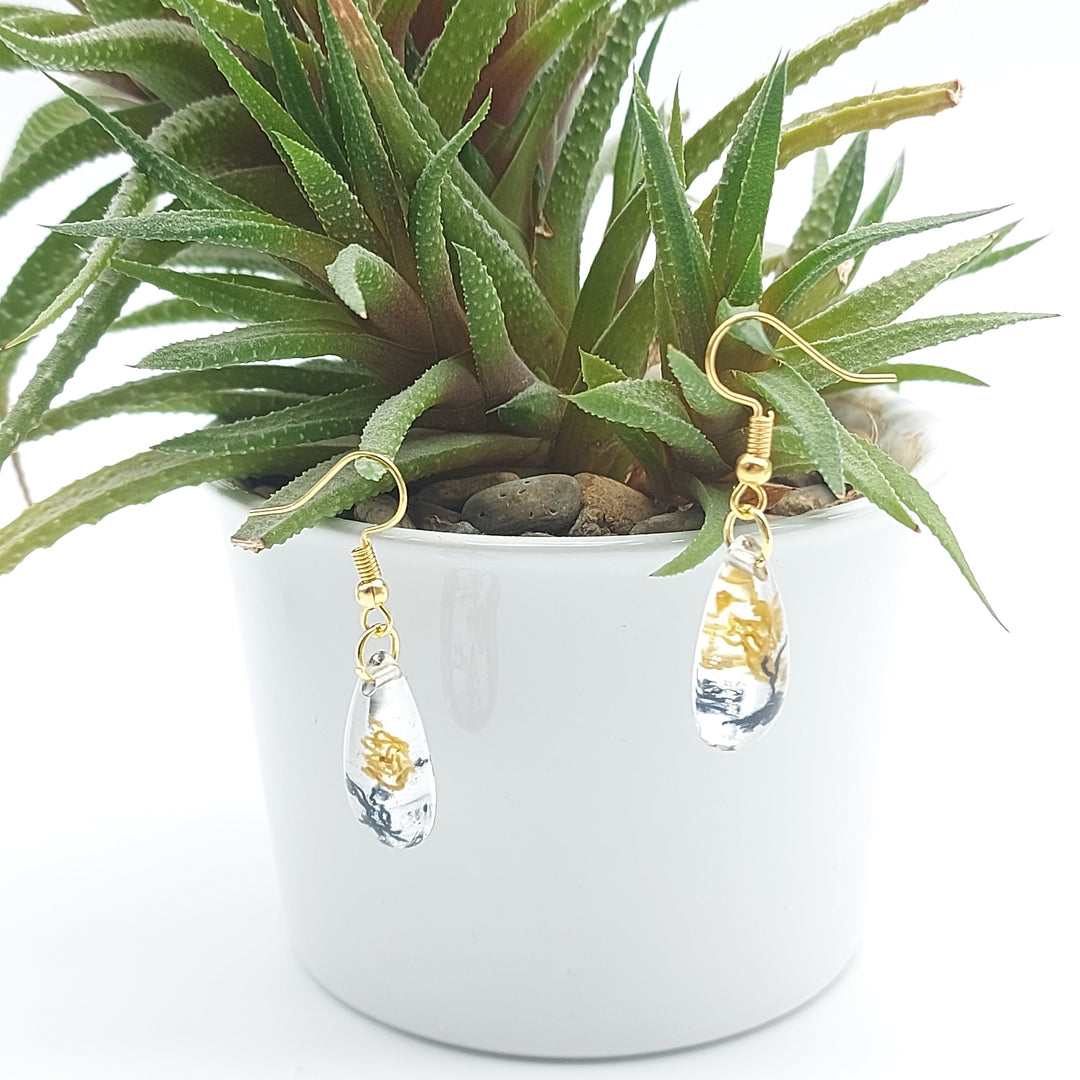 Boucles d'oreille - pendante - goutte d'eau - petite denim foncé et bronze