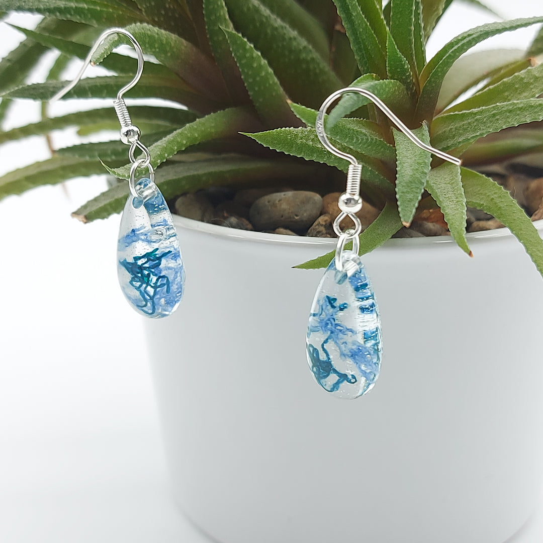 Boucles d'oreille - pendante - goutte d'eau - petite - denim et vert