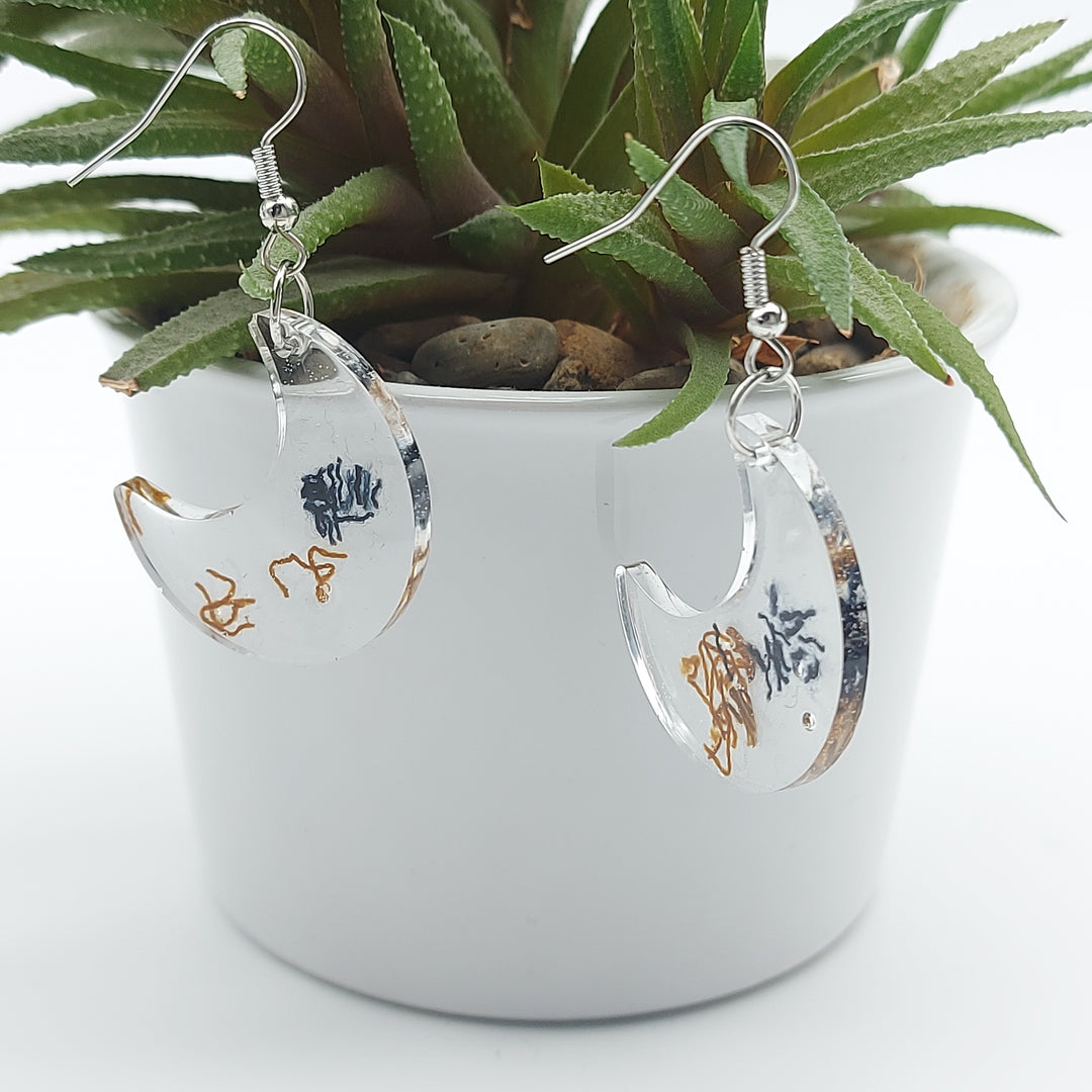 Boucles d'oreille - pendante - lune - denim foncé et bronze