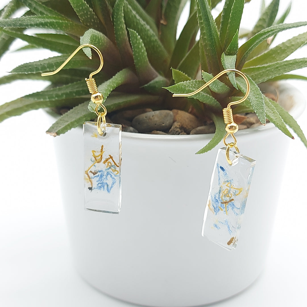 Boucles d'oreille - pendante - grand triangle denim et bronze