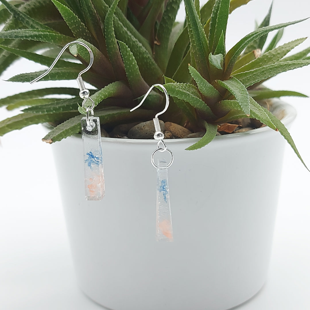 Boucles d'oreille - pendante - rectangle petit denim et rose