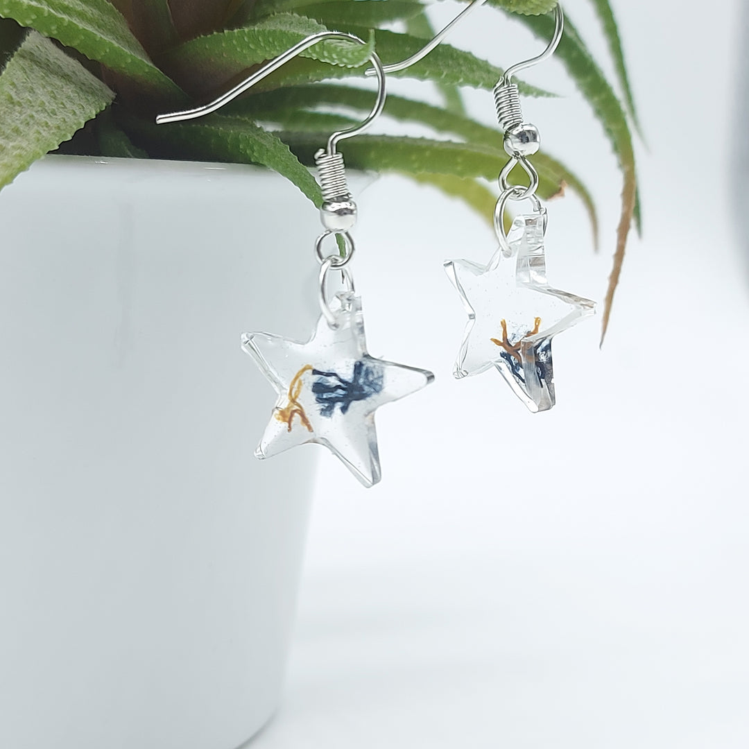 Boucles d'oreille - pendante - étoile denim foncé et bronze