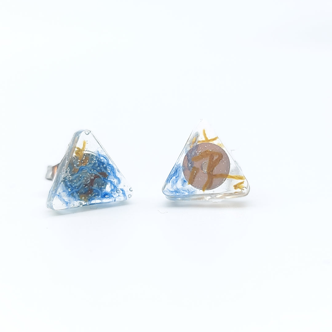 Boucles d'oreille - clou - triangle denim et bronze