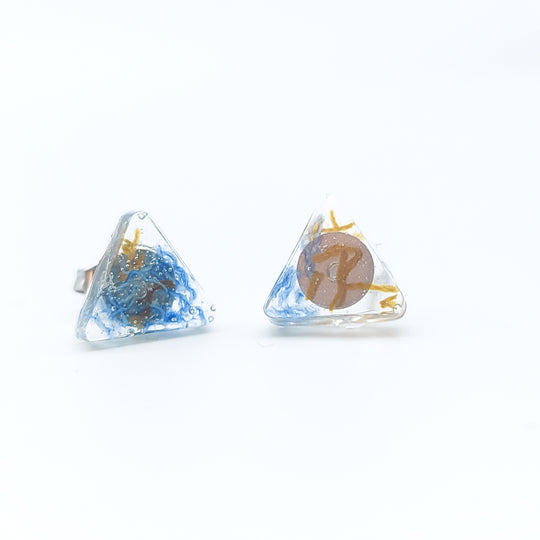 Boucles d'oreille - clou - triangle denim et bronze