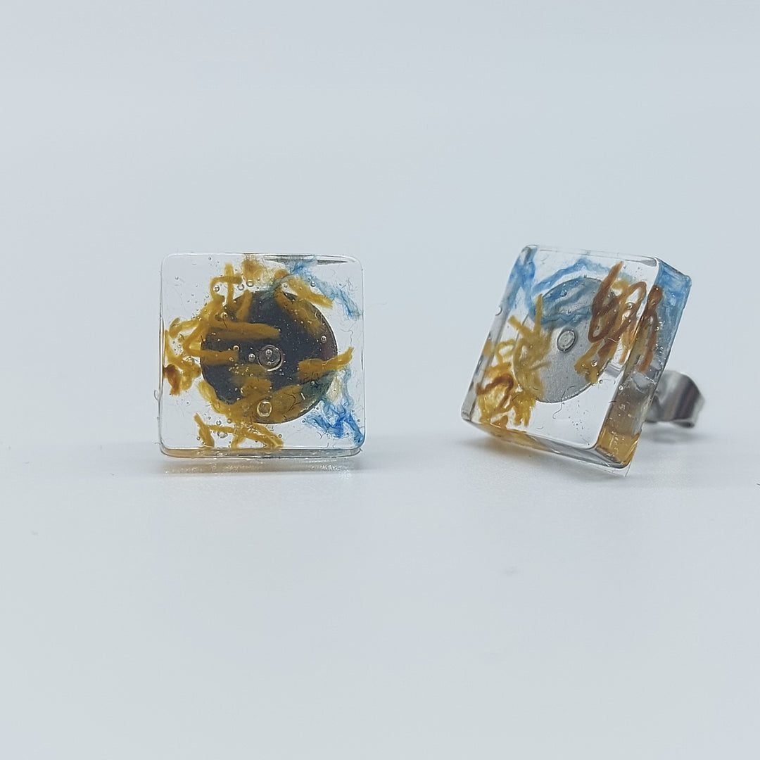 Boucles d'oreille - clou - carré denim et bronze - grand