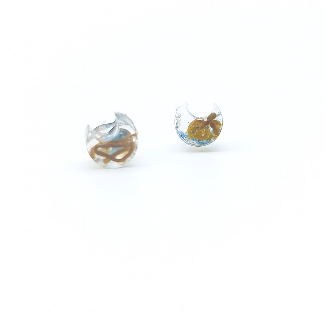 Boucles d'oreille - clou - lune denim et bronze