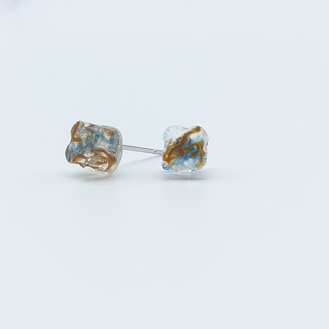 Boucles d'oreille - clou - fleur denim et bronze