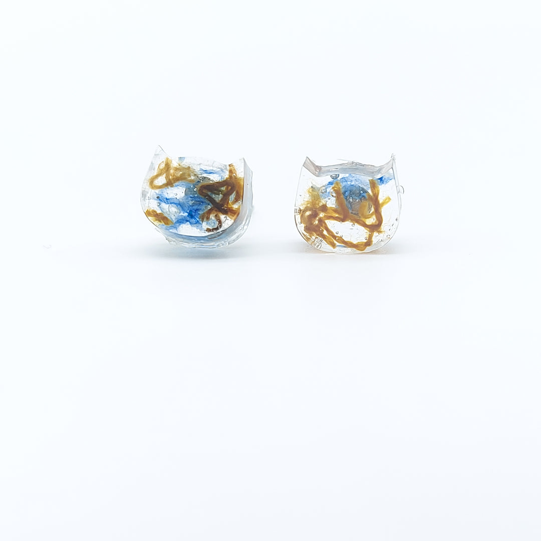 Boucles d'oreille - clou - chat denim et bronze