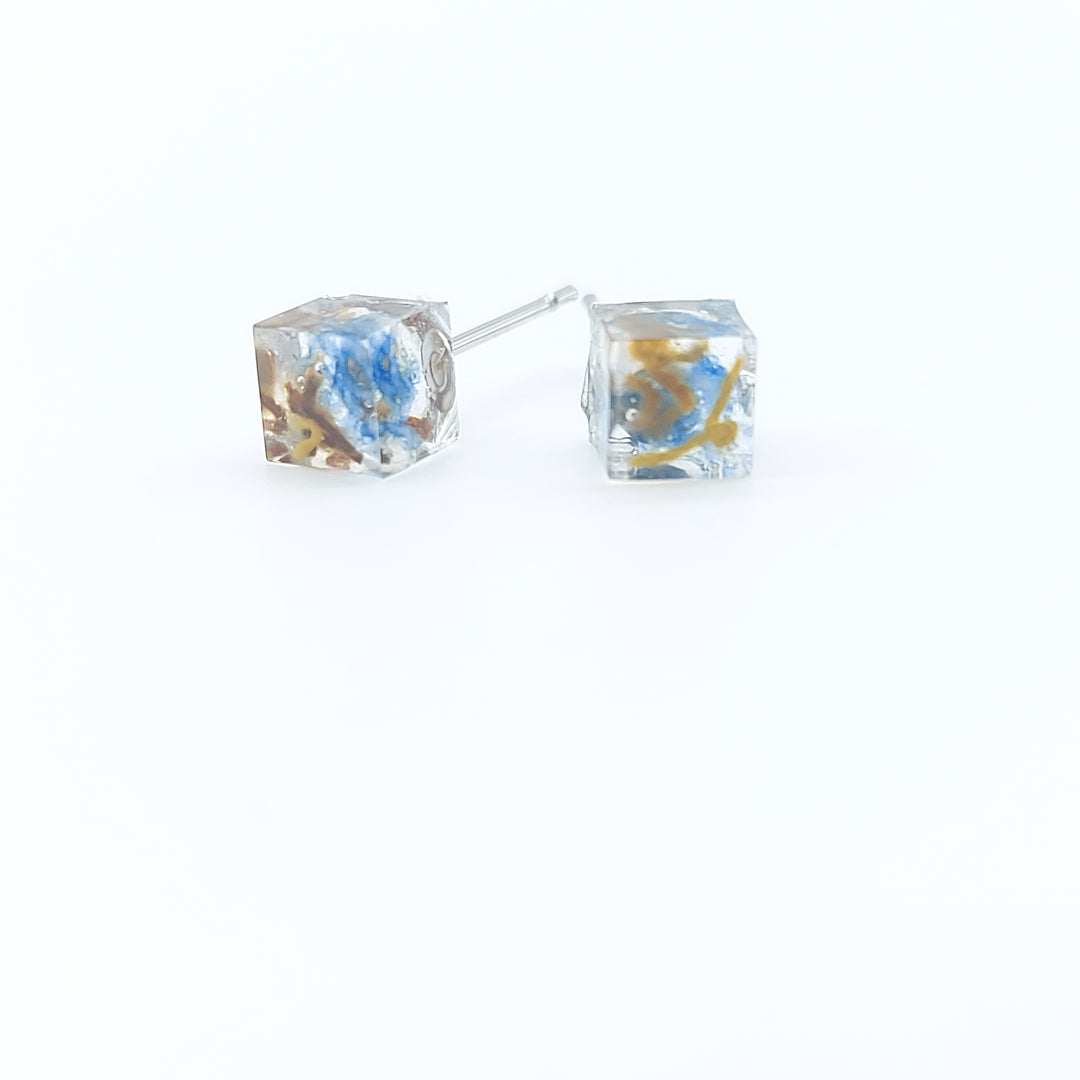 Boucles d'oreille - clou - carré denim et bronze - petit
