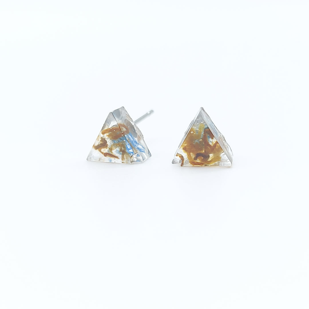 Boucles d'oreille - clou - triangle denim et bronze - petit