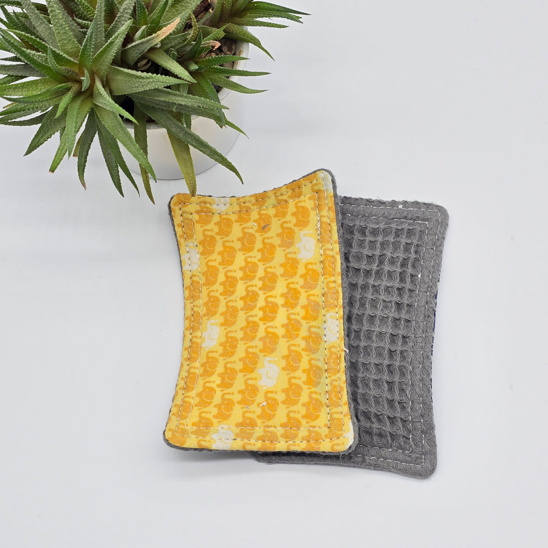 Éponge lavable et réutilisable - coton nid d'abeille gris douce - jaune éléphants