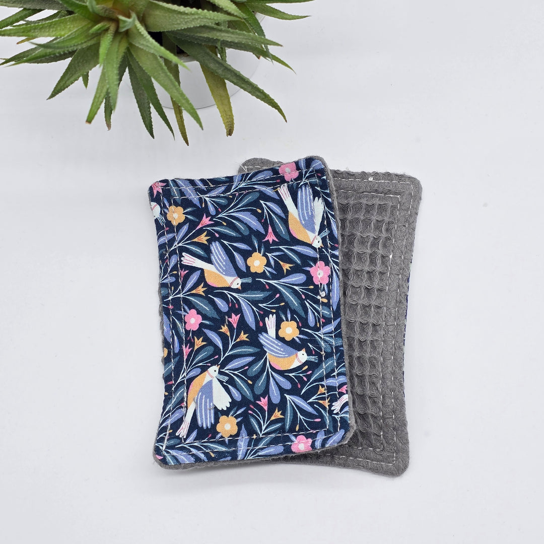 Éponge lavable et réutilisable - coton nid d'abeille gris douce - bleu et oiseaux