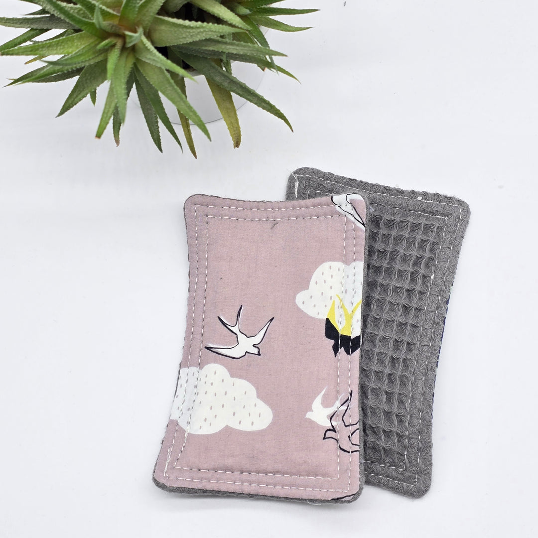 Éponge lavable et réutilisable - coton nid d'abeille gris douce - nuage et oiseaux