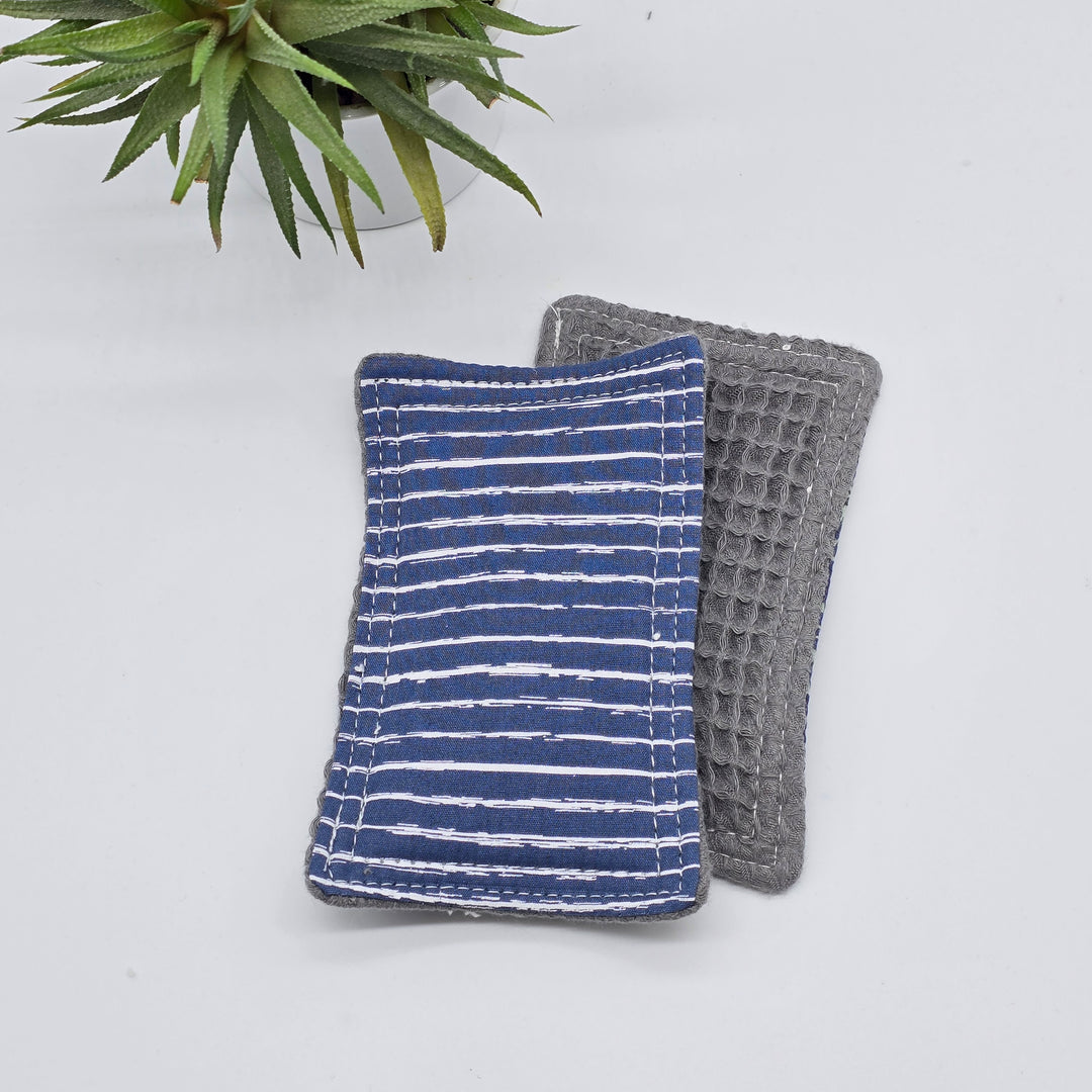 Éponge lavable et réutilisable - coton nid d'abeille gris douce - bleu lignes
