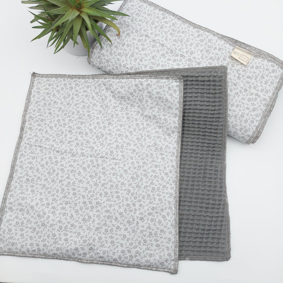 Essuie-tout lavable - blanc, fleurs grises (intérieur gris) - lot de 8 feuilles
