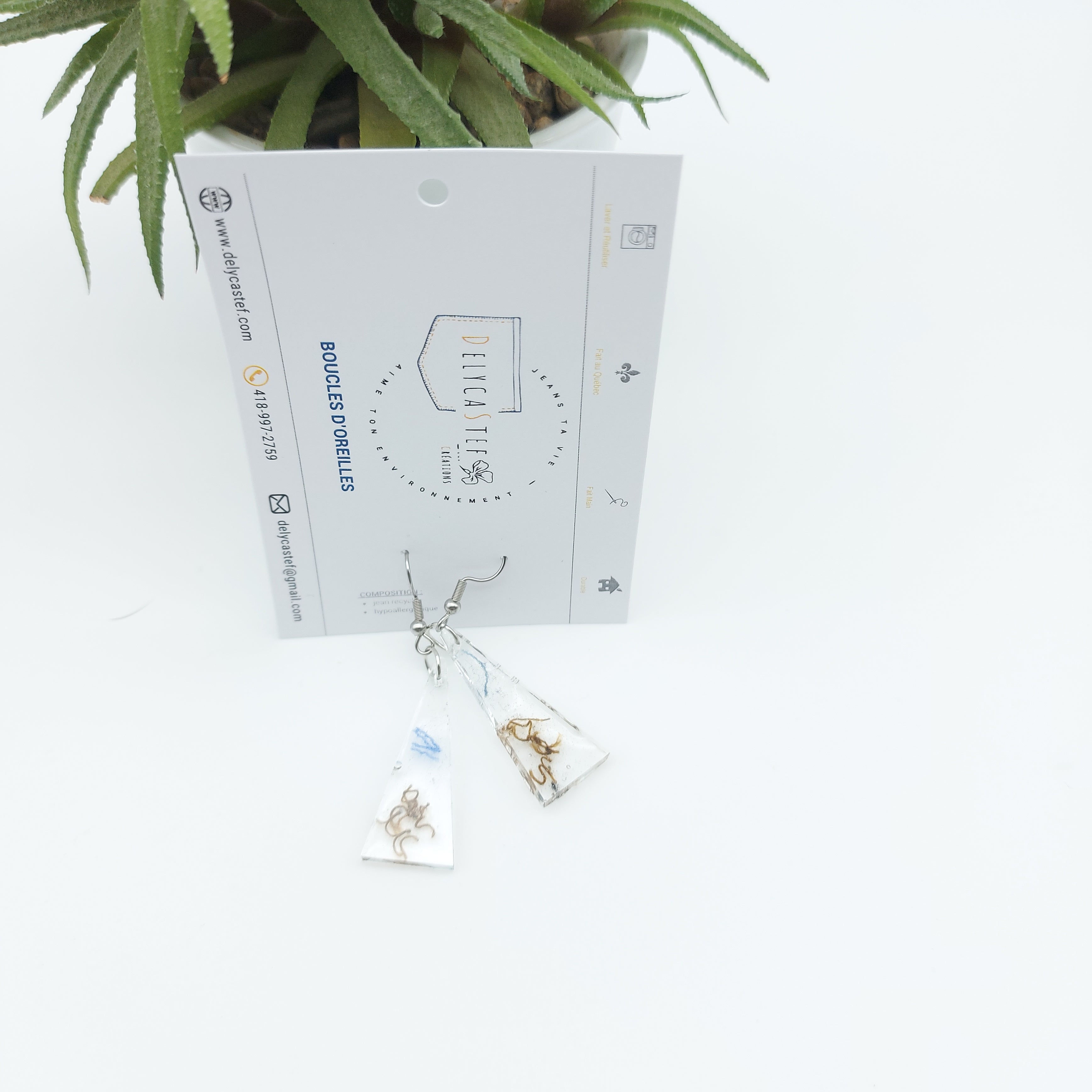 DelycaStef boucle oreilles pendante triangle denim et bronze