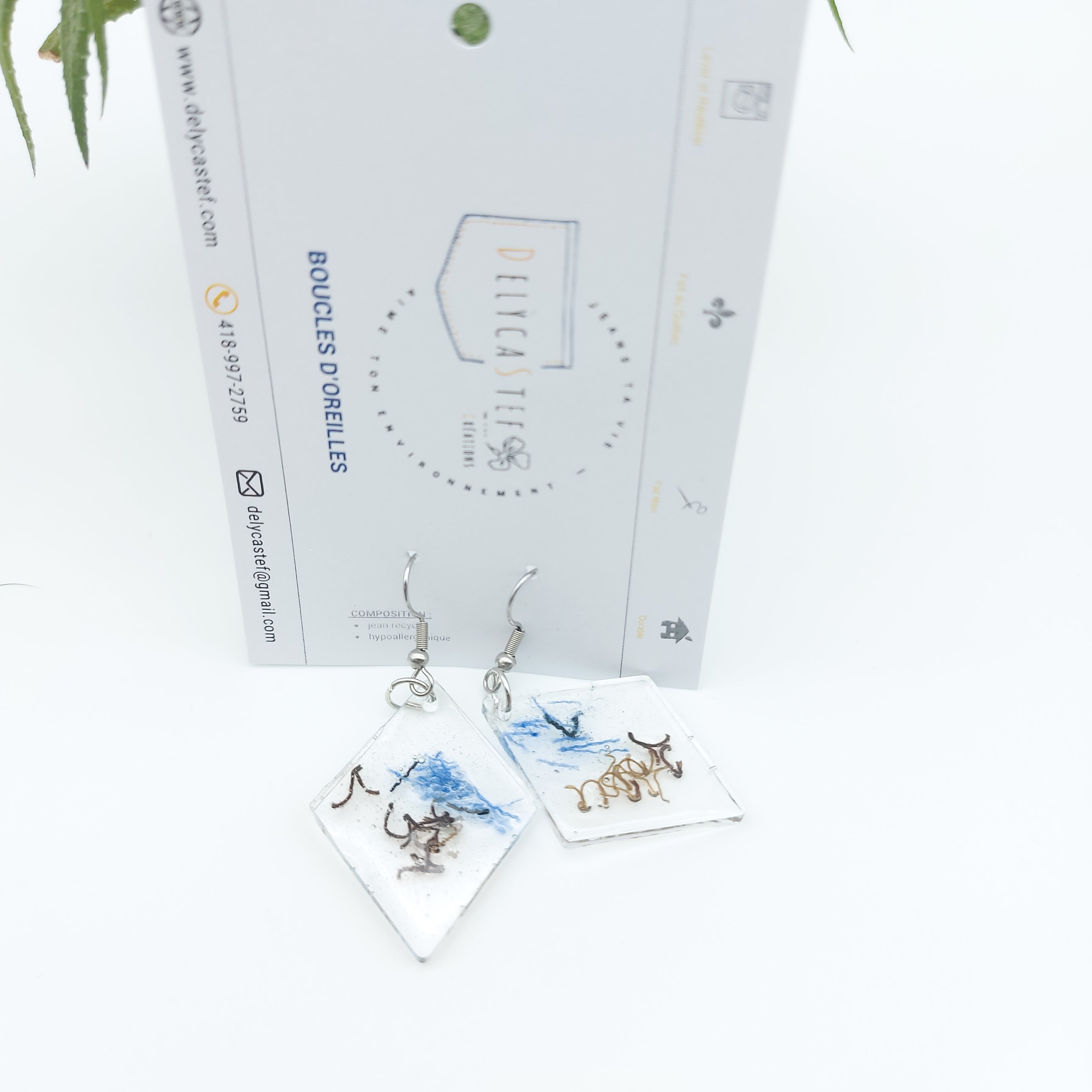 Delycastef boucles oreilles pendante losange grand denim et bronze