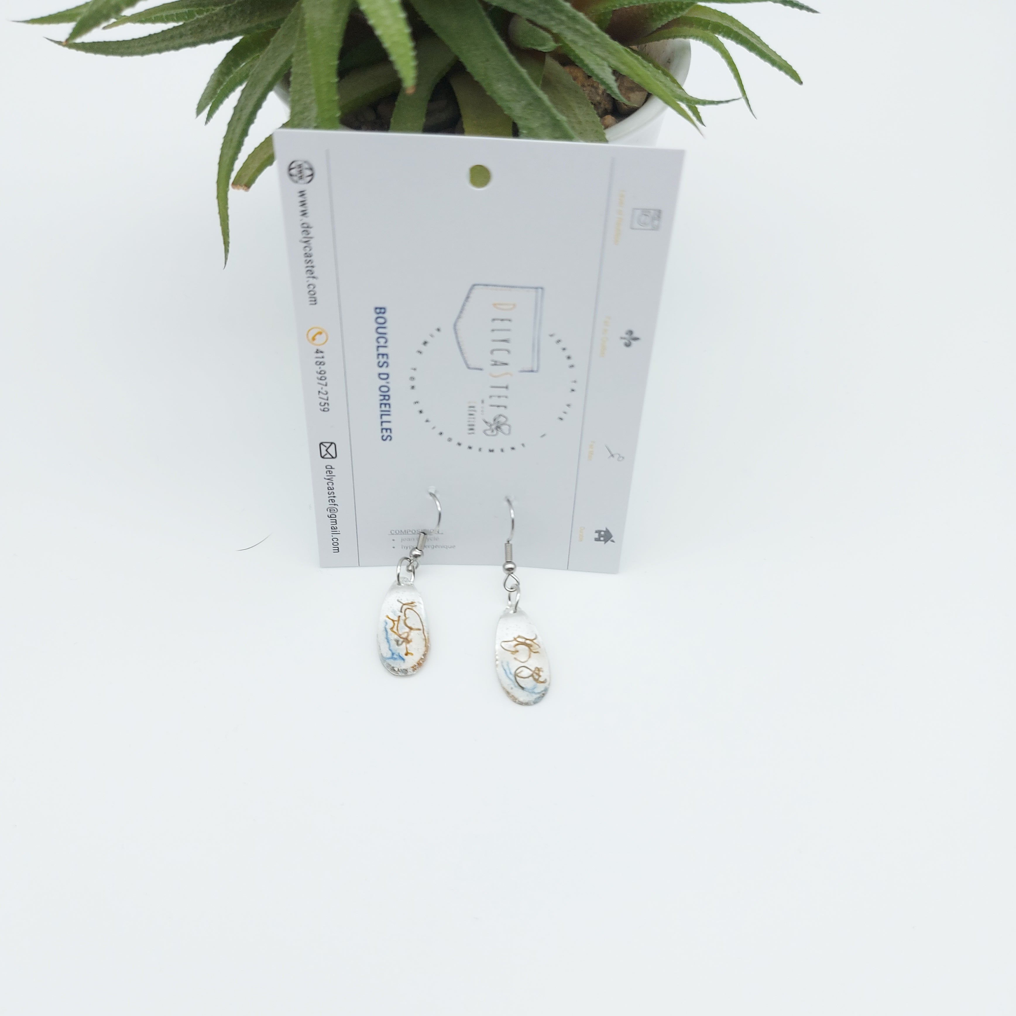 Delycastef boucles oreilles pendante ovale denim et bronze