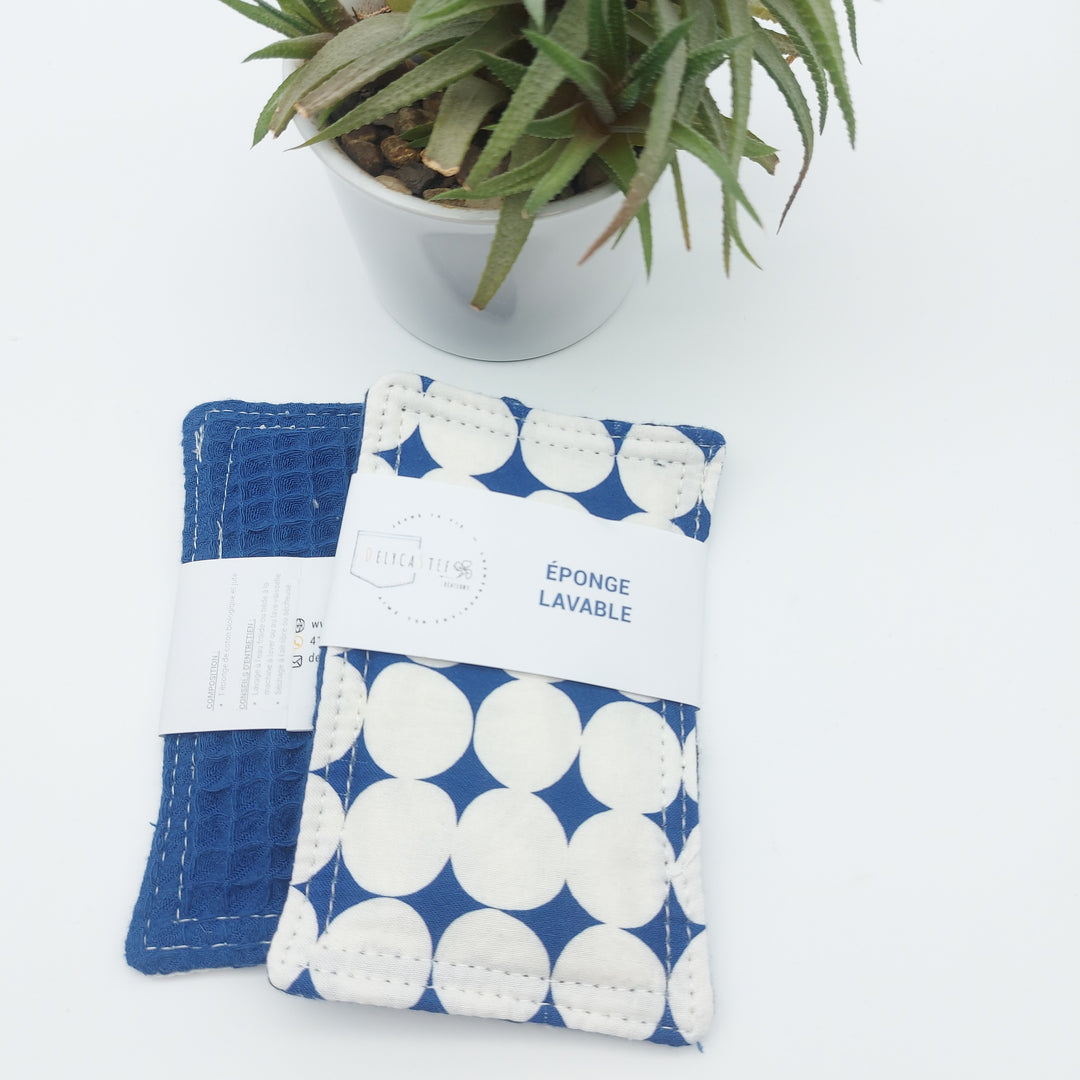 Éponge lavable et réutilisable - unité - douce nid d'abeille- bleu pois blanc
