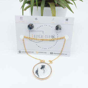 Parure - collier pendentif rond et boucle d'oreilles rond denim