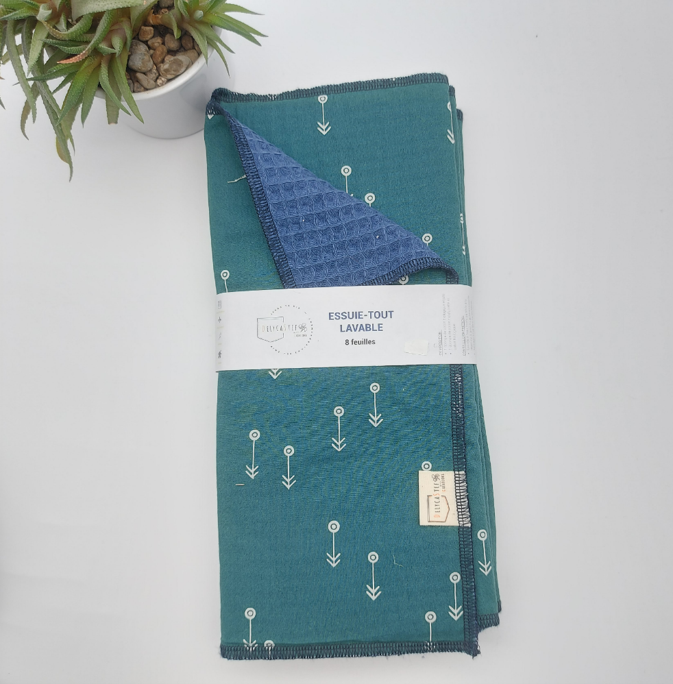 Essuie-tout lavable - vert avec flèches (intérieur bleu) - lot de 8 feuilles