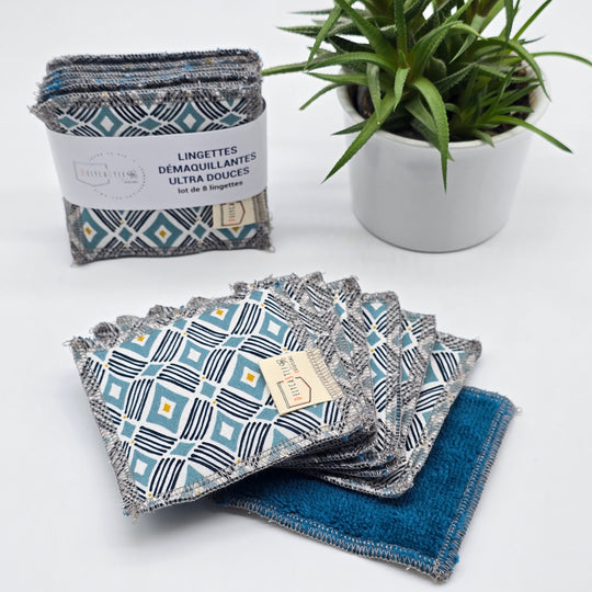 Lingettes démaquillantes lavables - lot de 8 -  turquoise géométrique - bambou bleu canard