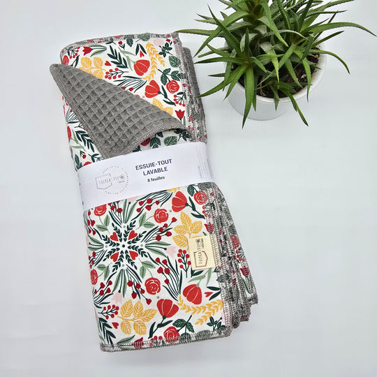 Essuie-tout lavable - fleurs rouges et jaunes (intérieur gris) - lot de 8 feuilles