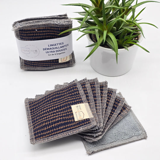 Lingettes démaquillantes lavables - lot de 8 - bleu lignes dorées - bambou anthracite