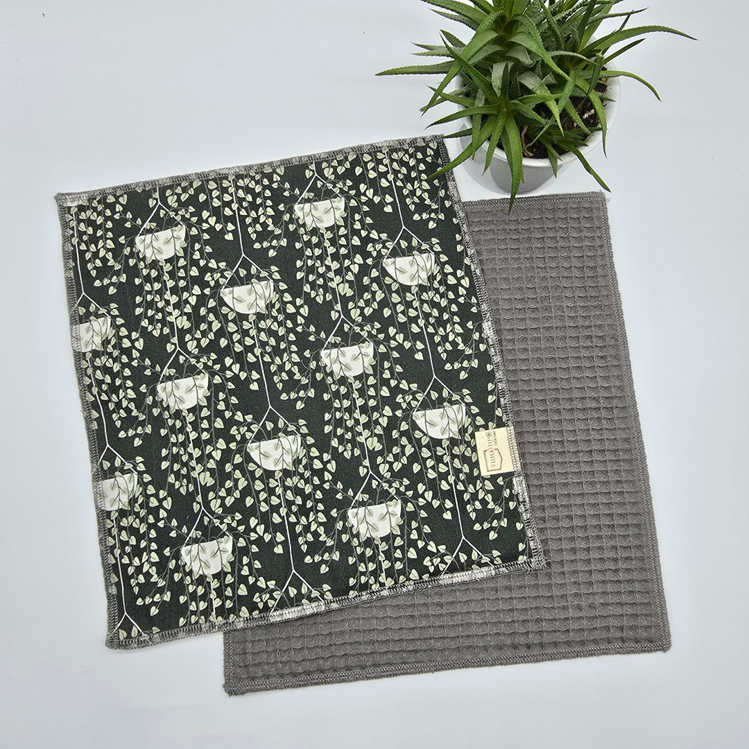 Essuie-tout lavable - vert plantes suspendues (intérieur gris) - lot de 8 feuilles