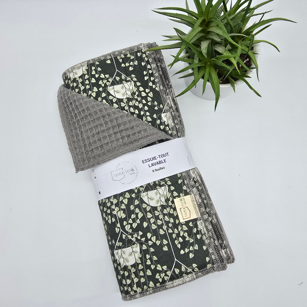 Essuie-tout lavable - vert plantes suspendues (intérieur gris) - lot de 8 feuilles