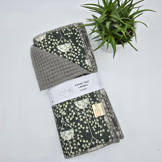 Essuie-tout lavable - vert plantes suspendues (intérieur gris) - lot de 8 feuilles